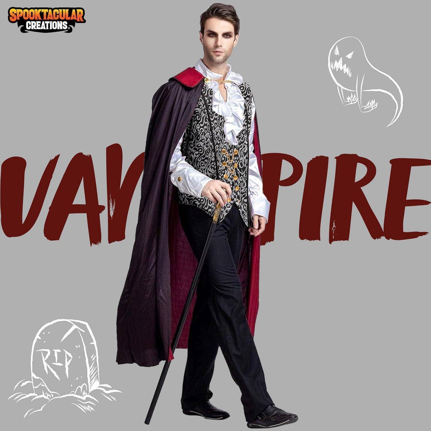 Eine Person in einem Vampirkostüm mit Umhang und Gehstock, die selbstbewusst steht. Das Wort 'Vampire' erscheint prominent in roter Schrift.