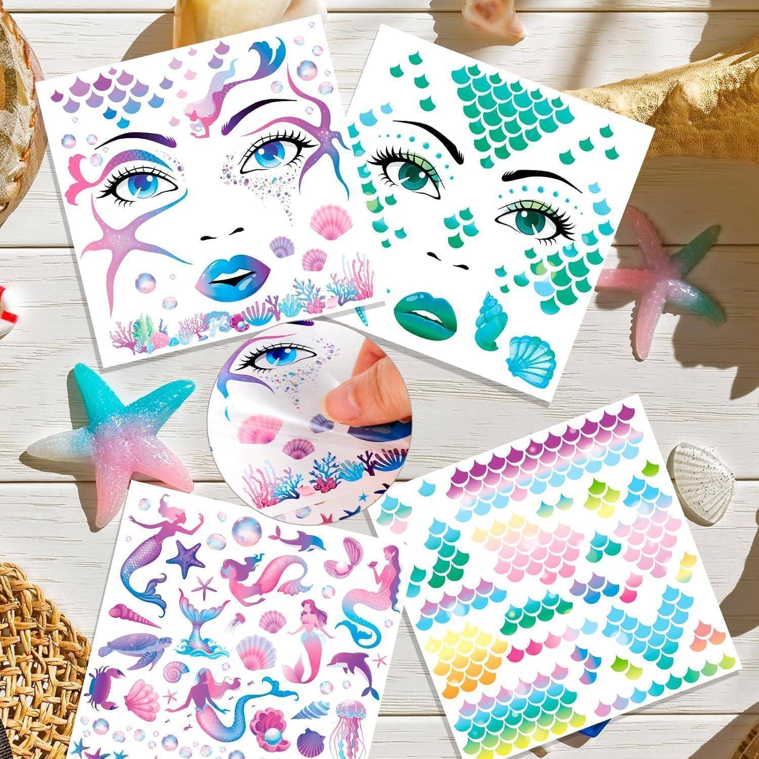 Gesichtstattoos 4 Bogen temporäre Karneval Halloween Meerjungfrau