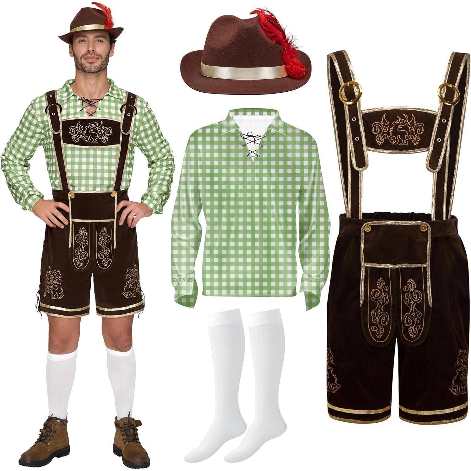 Ein traditionelles bayerisches Outfit besteht aus einem braunen Hut mit einer roten Feder, einem grün-karierten Hemd, braunen Lederhosen mit Stickerei und weißen Socken.