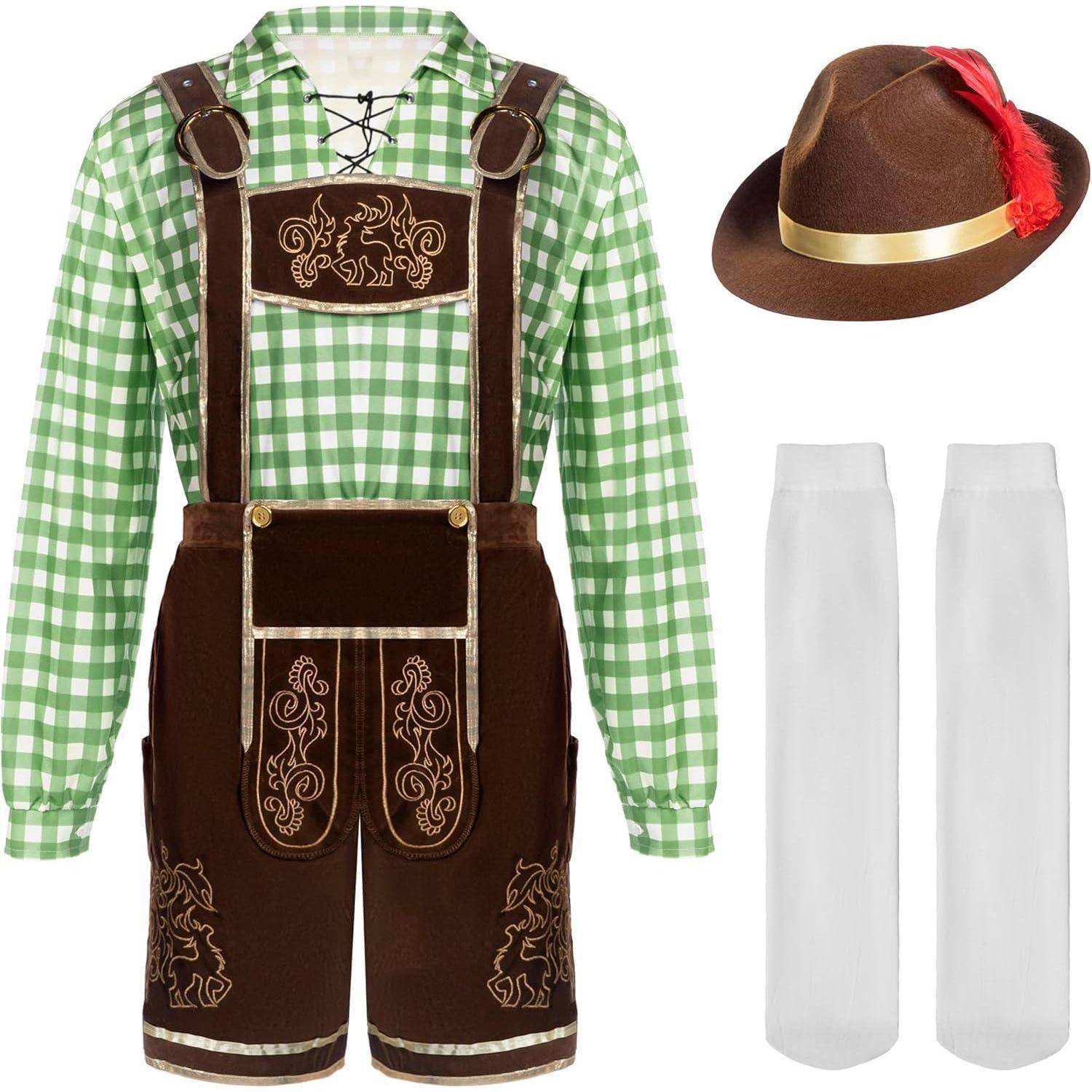 Eine traditionelle bayerische Tracht mit einem grün karrierten Hemd, braunen Lederhosen mit Hosenträgern, einem braunen Hut mit einer roten Feder und weißen Kniestrümpfen.