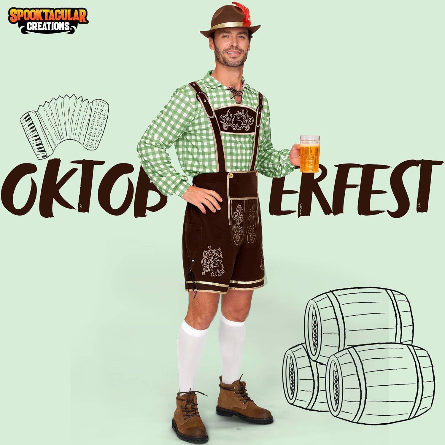 Ein Mann in traditioneller bayerischer Kleidung, der einen Bierkrug hält. Text liest sich 
