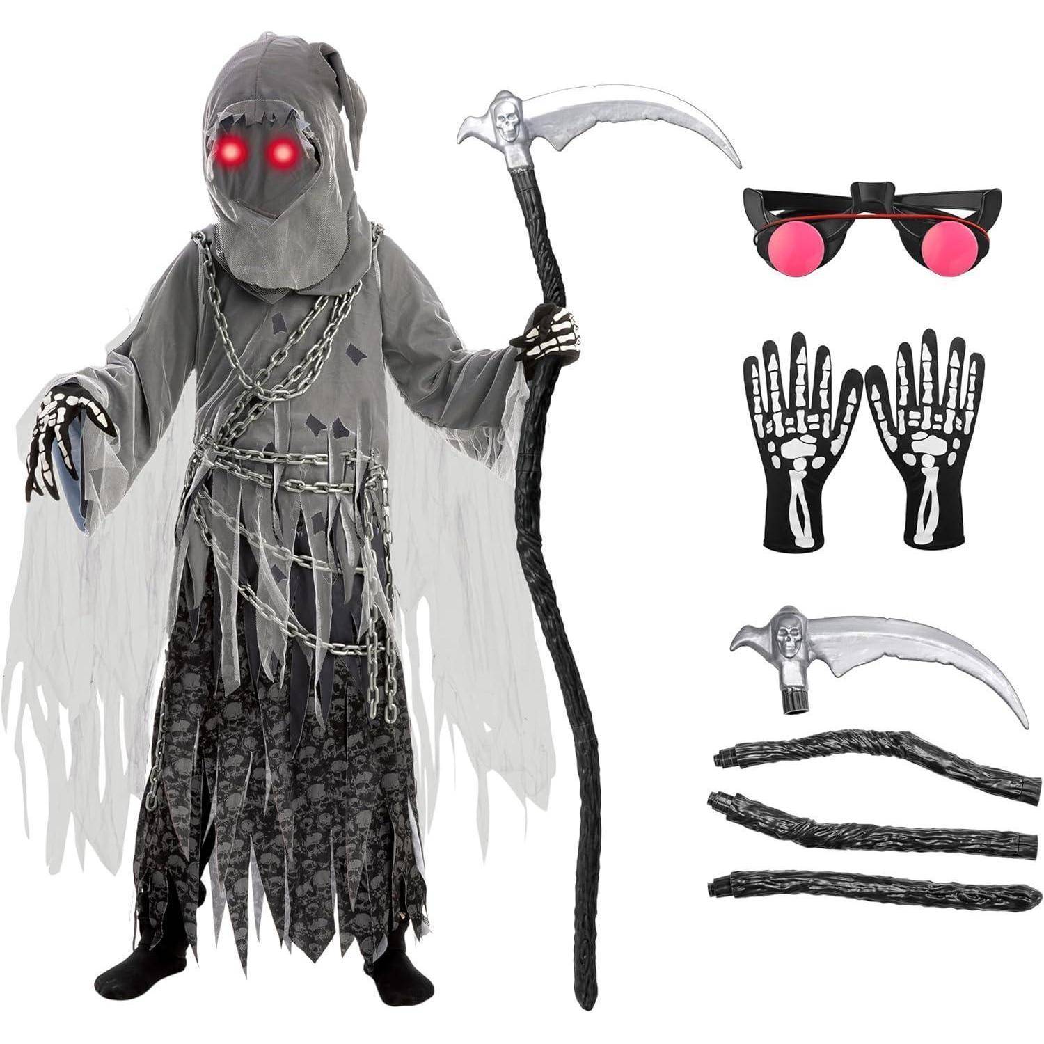 Ein unheimliches Kostümset mit einer gehöllten Skelettfigur in zerlumpter Kleidung, die eine Sense hält. Enthält eine Maske mit roten Augen, Handschuhe und Spielzeug-Zubehör.