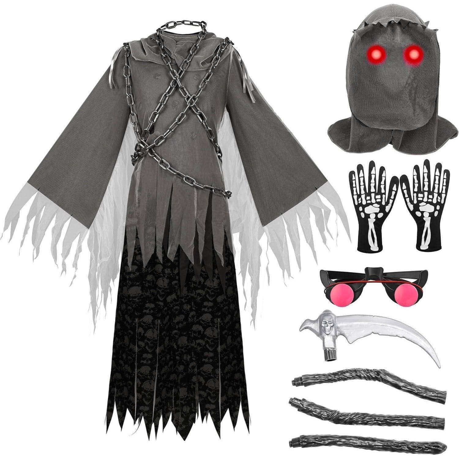 Halloween-Kostümset: eine graue Kapuzenrobe mit Ketten, Geistermaske, leuchtend roten Augen, Skeletthandschuhe, Kunststoff-Sense und Seilgürtel.