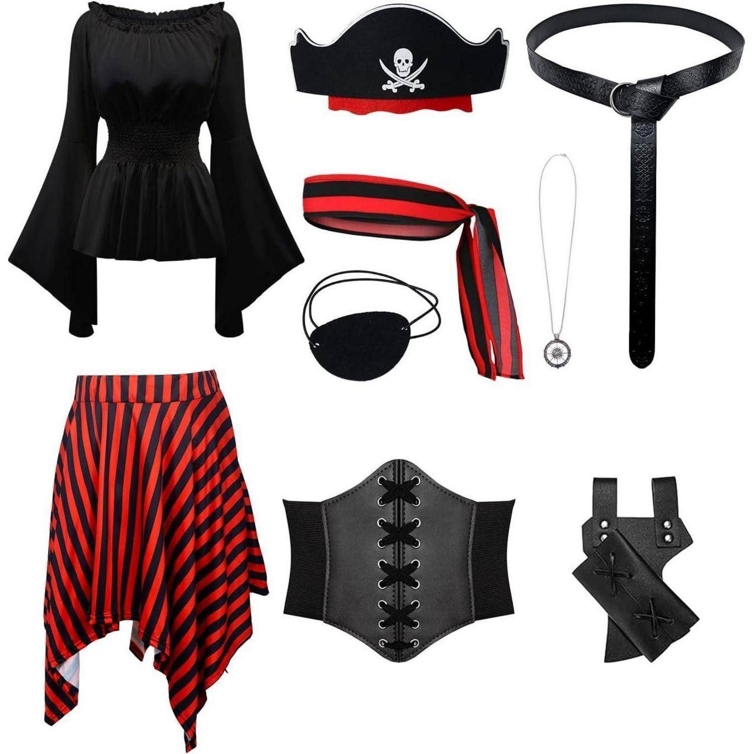 Piratenkostüm-Set bestehend aus einer schwarzen Bluse, gestreiftem Rock, Dreispitz-Hut mit Totenkopf, Augenklappe, Gürtel, Halskette, Korsett und Beutel.