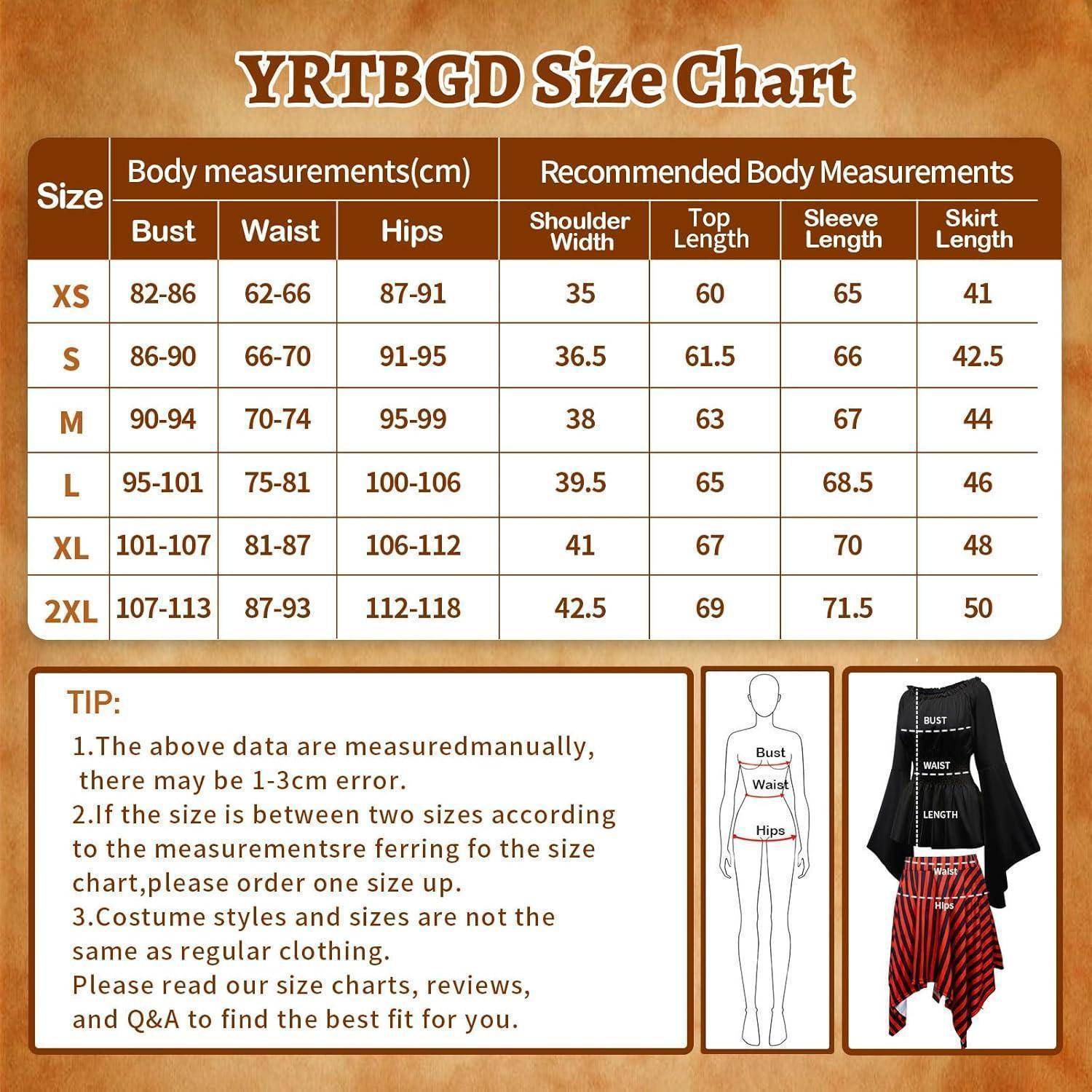 YRTBGD Größentabelle mit Größen von XS bis 2XL, die Körpermessungen in cm für Brustumfang, Taille und Hüften sowie empfohlene Passform für Kleidung anzeigt.