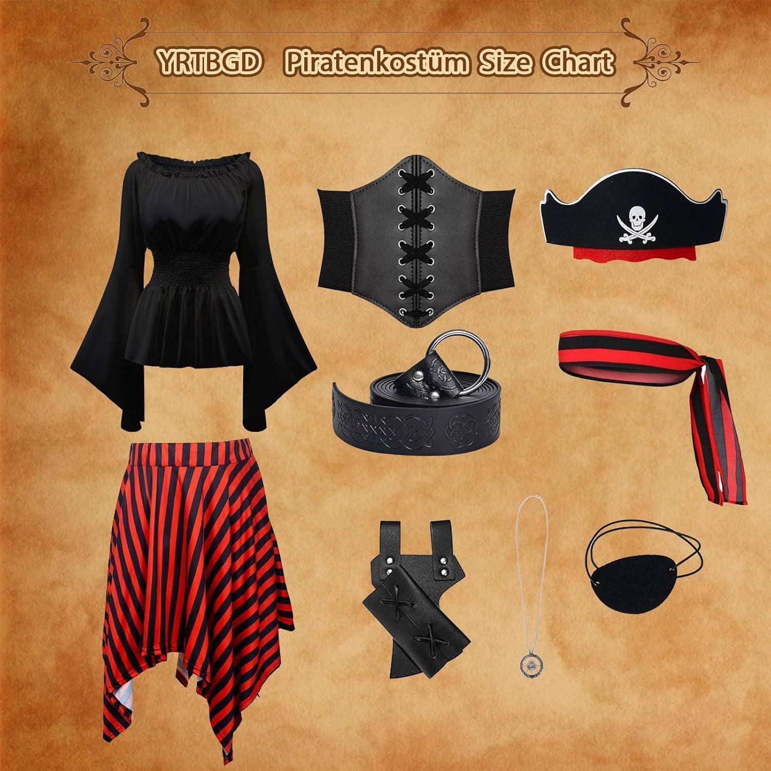 YRTBGD Größentabelle für Piratenkostüm' zeigt verschiedene Piratenkostüm-Komponenten, einschließlich Bluse, Korsett, Hut, Gürtel, Hose und Accessoires.