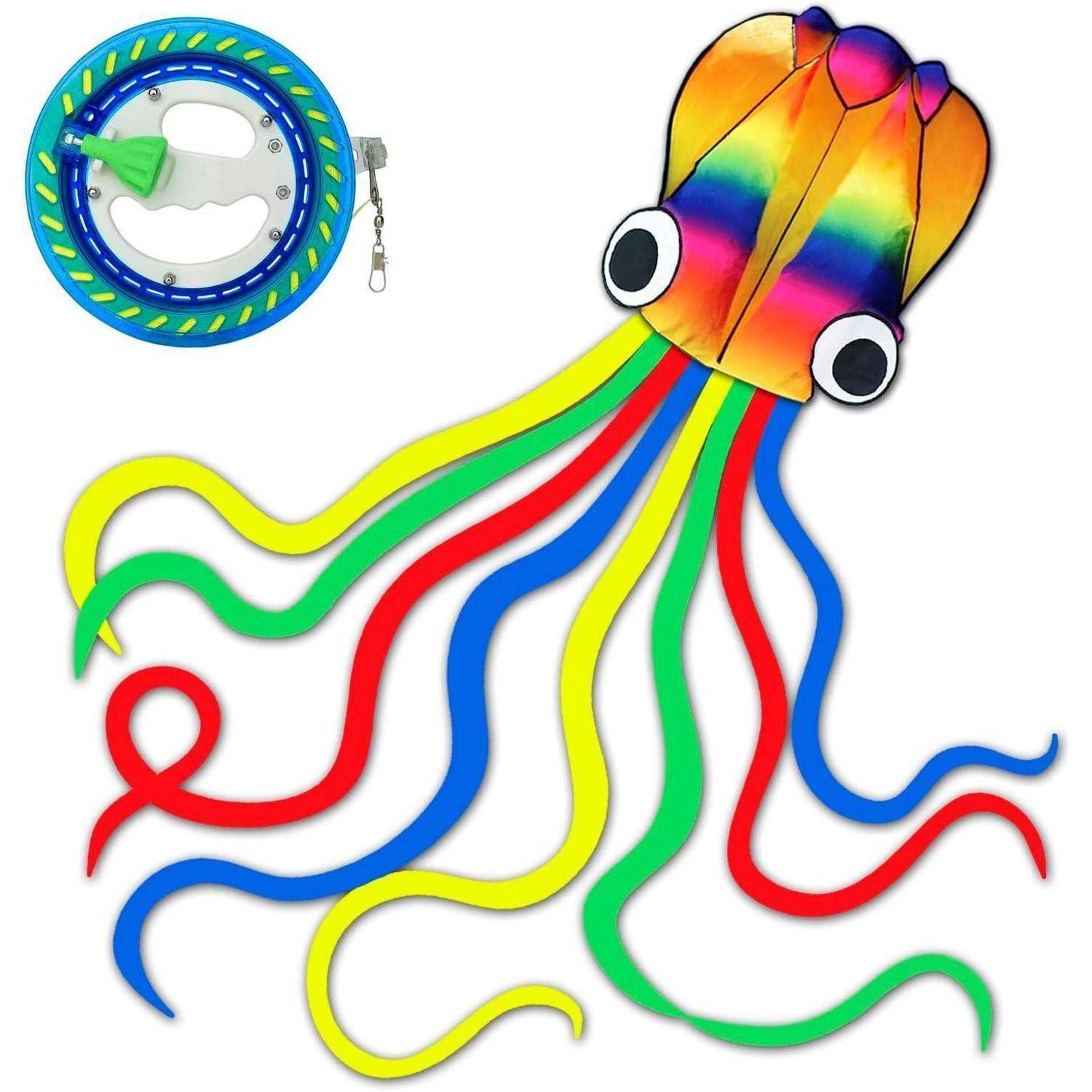 Eine bunte Drachen in Form eines Tintenfischs mit Regenbogen-Tentakeln. Eine Rolle mit Schnur ist daneben zu sehen.