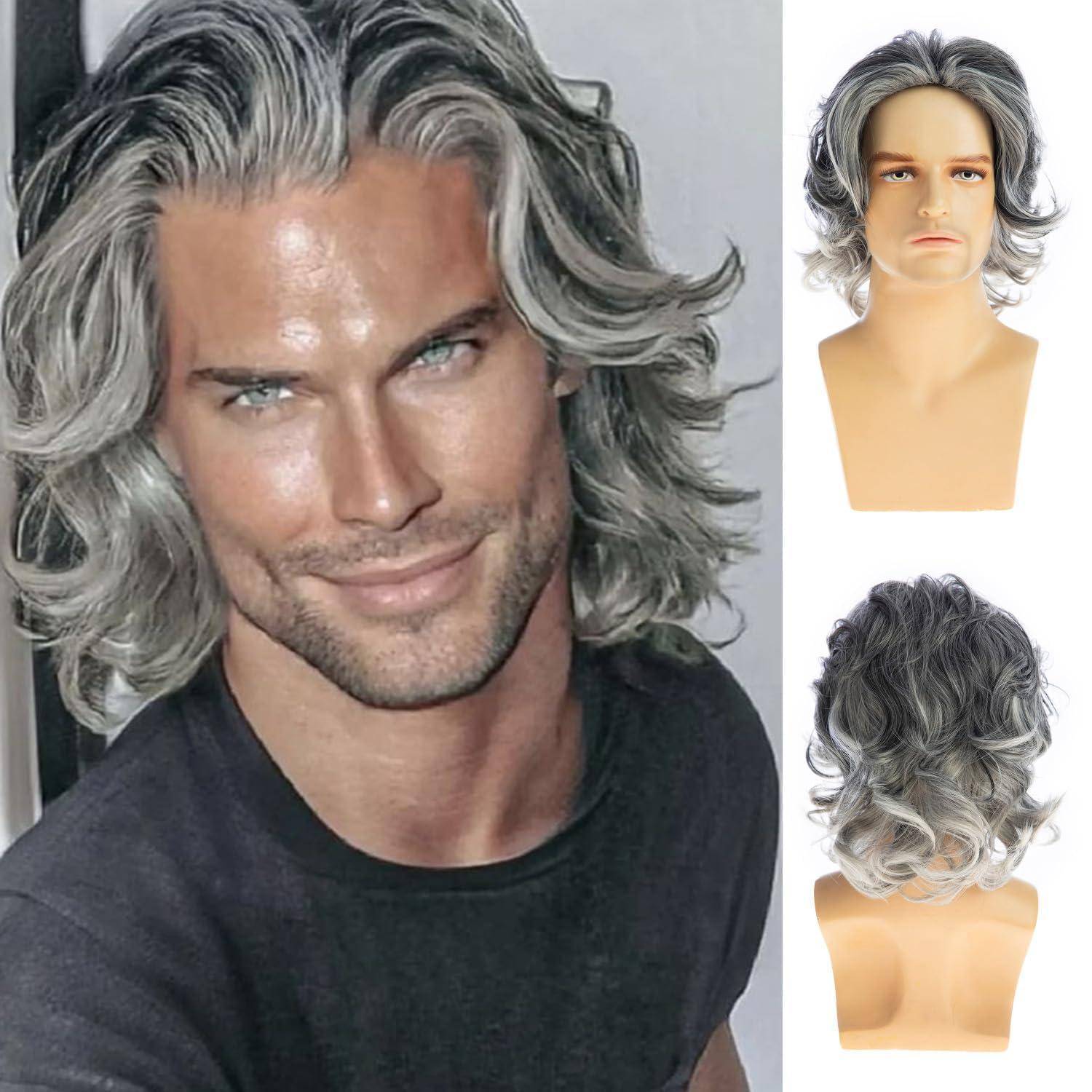 Perücke Herren kurz wellig synthetisch Cosplay Halloween Grau