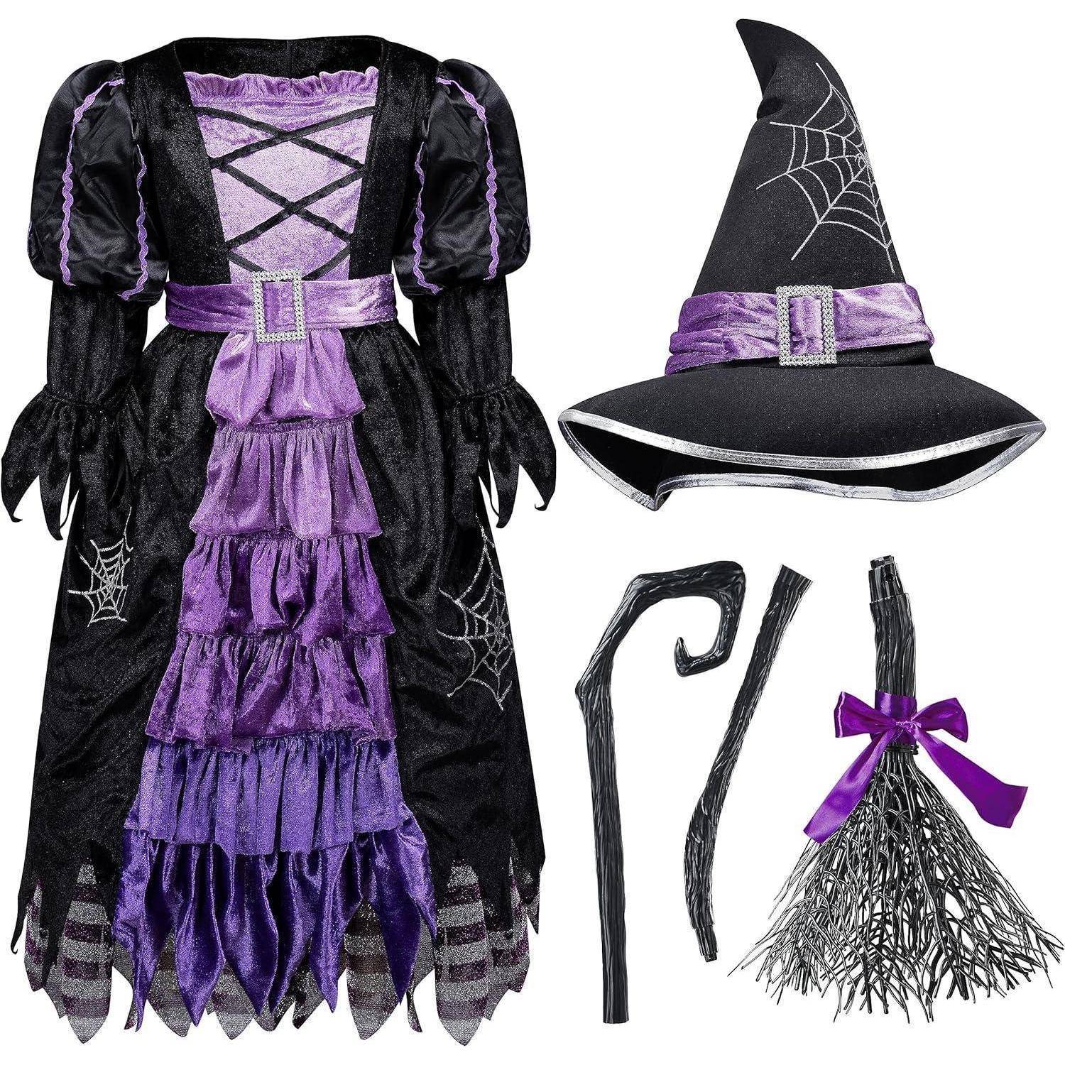 Kinderkostüm in Lila und Schwarz für eine Hexe mit Kleid, Hut, Besen und Zauberstab, mit Spinnennetz- und Schleifendetails.