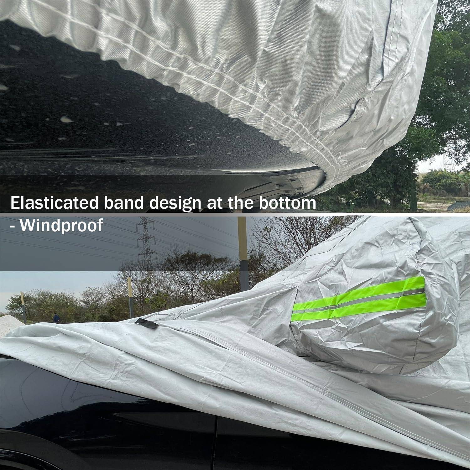 Autoabdeckung mit einem elastischen Banddesign am unteren Ende und einem hochreflektierenden Streifen, die windundurchlässigen Schutz betont.