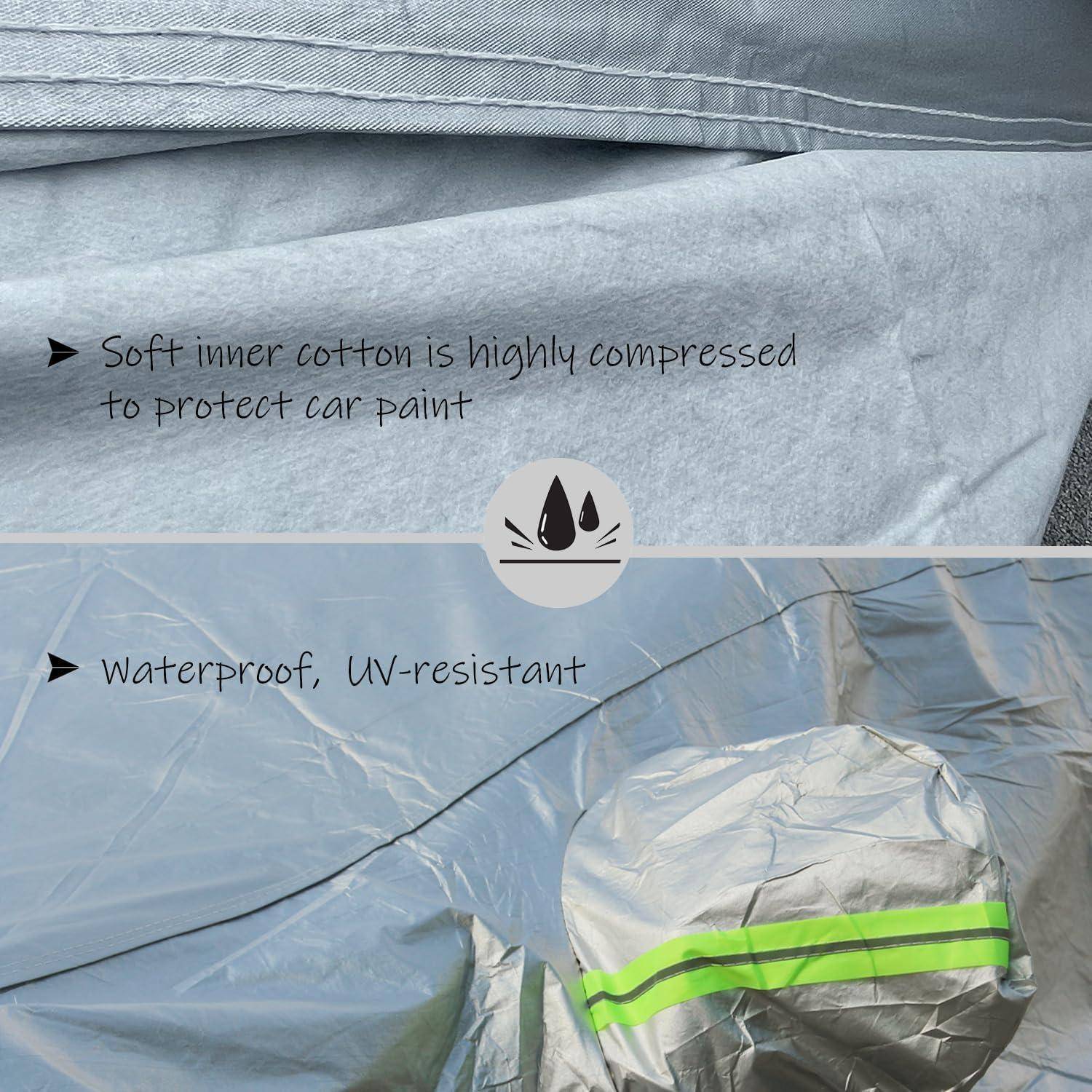 Das Bild zeigt Nahaufnahmen von Stoffen einer Autoabdeckung. Oberer Text: 'Weiches inneres Baumwollmaterial wird stark komprimiert, um den Autolack zu schützen.' Unterer Text: 'Wasserdicht, UV-beständig.' Ein Wassertropfen-Symbol befindet sich in der Mitte.
