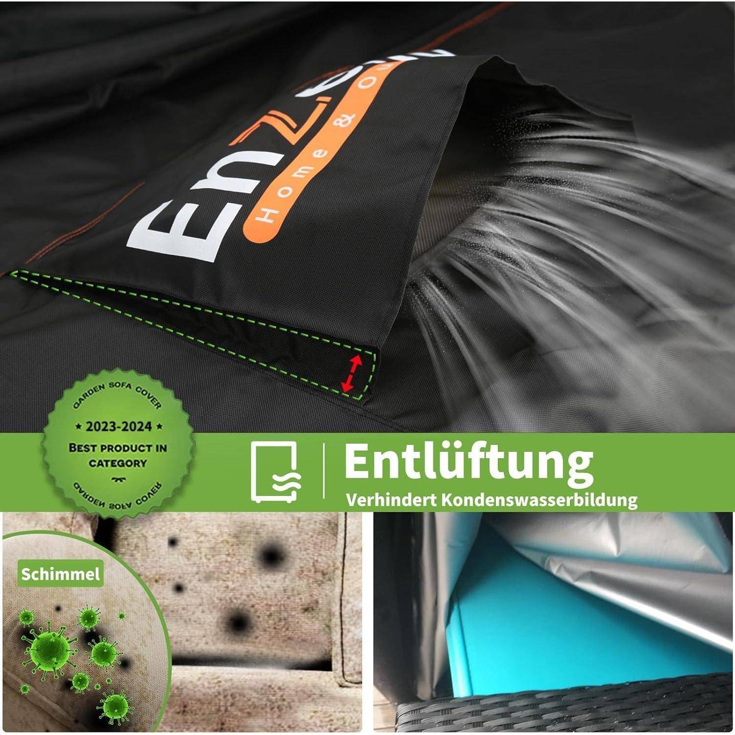 Bild einer Sofaabdeckung mit Belüftungssystem, entwickelt zur Verhinderung von Kondensation, mit einer Qualitätsauszeichnungs-Plakette und einer Detailaufnahme des Materials.