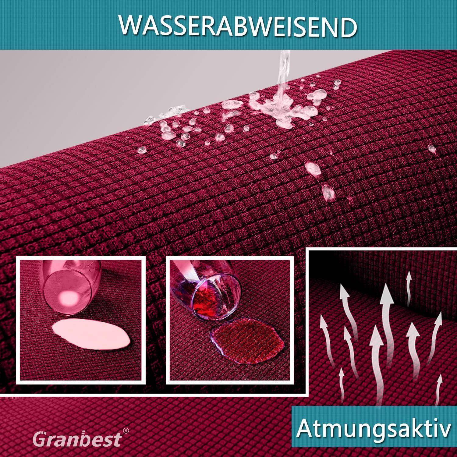 Dunkelrotes Gewebe stößt Wasser und Flüssigkeitsspritzer ab und zeigt Atmungsaktivität durch aufwärts gerichtete Pfeile. Text lautet 'WASSERABWEISEND' und 'Atmungsaktiv'.
