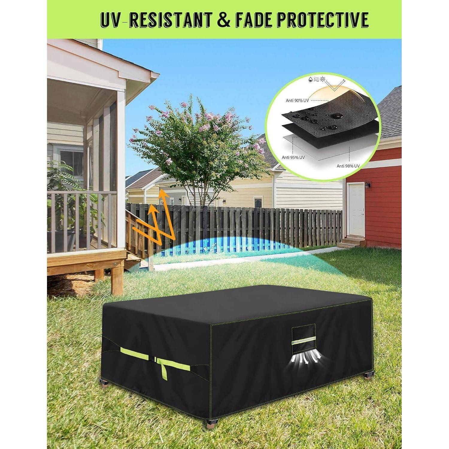 Das Bild zeigt eine schwarze Abdeckung für Outdoormöbel auf einem Gartentisch und verdeutlicht ihre UV-resistenten und farbschützenden Eigenschaften durch dargestellte Materialschichten.