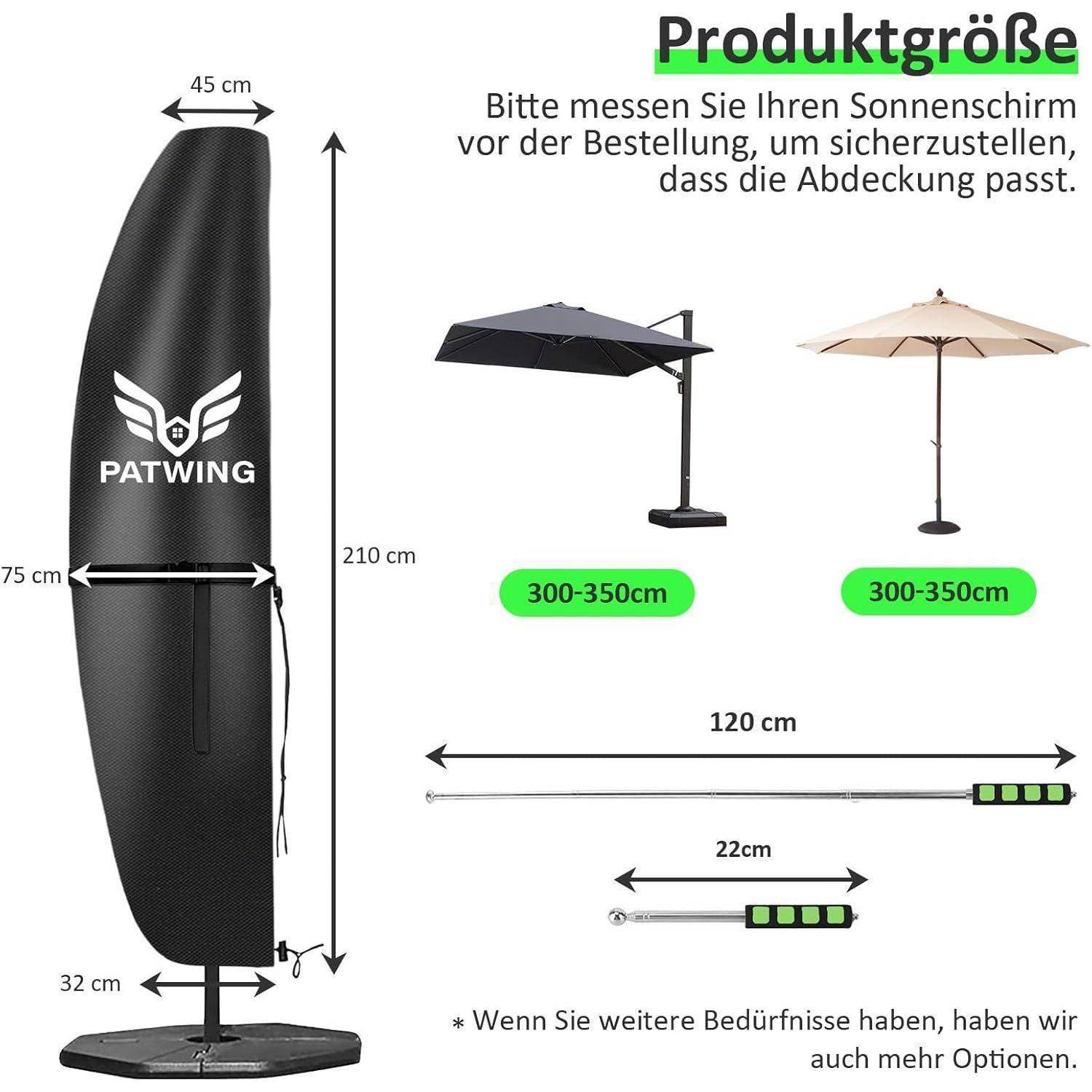 Diagramm mit Abmessungen einer Sonnenschirm-Schutzhülle; Höhe 210 cm, Breite 75 cm. Hinweis: Passt für Sonnenschirme von 300-350 cm. Draufsicht ebenfalls dargestellt.