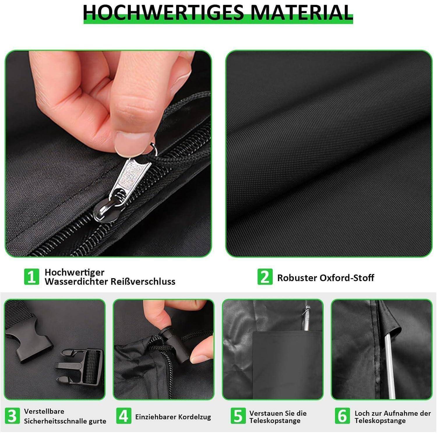 HOCHWERTIGES MATERIAL' mit folgenden Details: 1. Wasserdichter Reißverschluss, 2. Robuster Oxfordstoff, 3. Verstellbare Schnalle, 4. Kordel, 5. Teleskopstangen-Aufbewahrung.