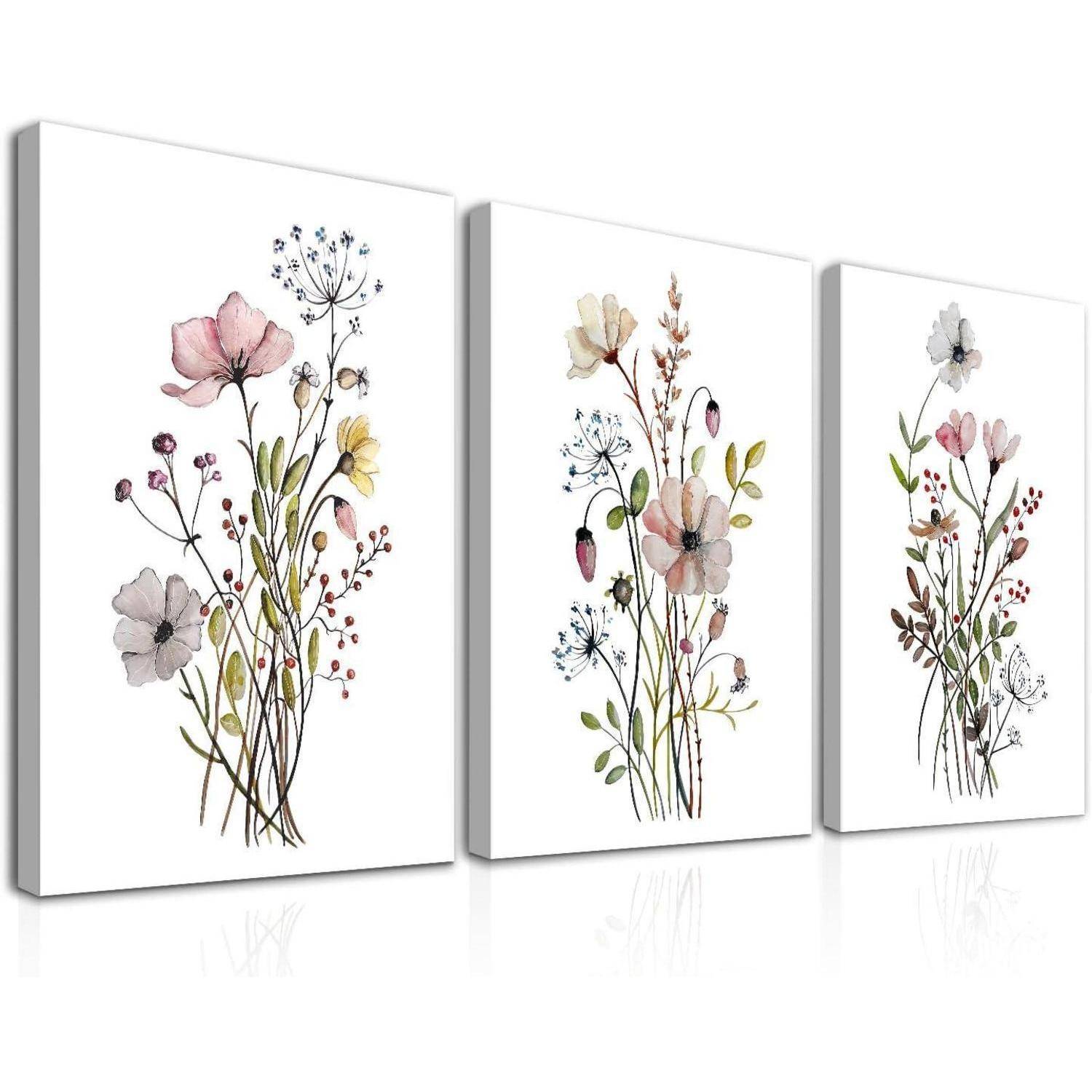 Wandkunst 3 Stück Leinwand Blumendrucke 12x16 Zoll Wildblume Gerahmt