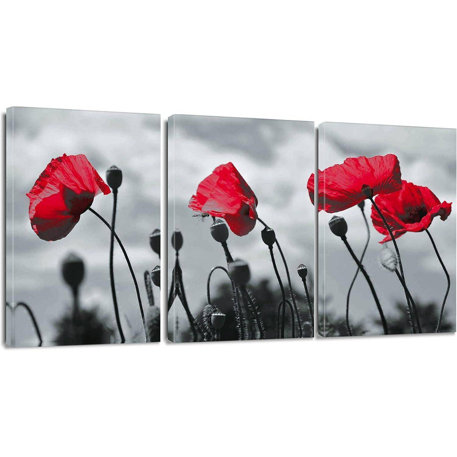 Leinwandbilder 3 Teilig Kunstdruck Motiv Wandbild Rote Blume 30x40cm