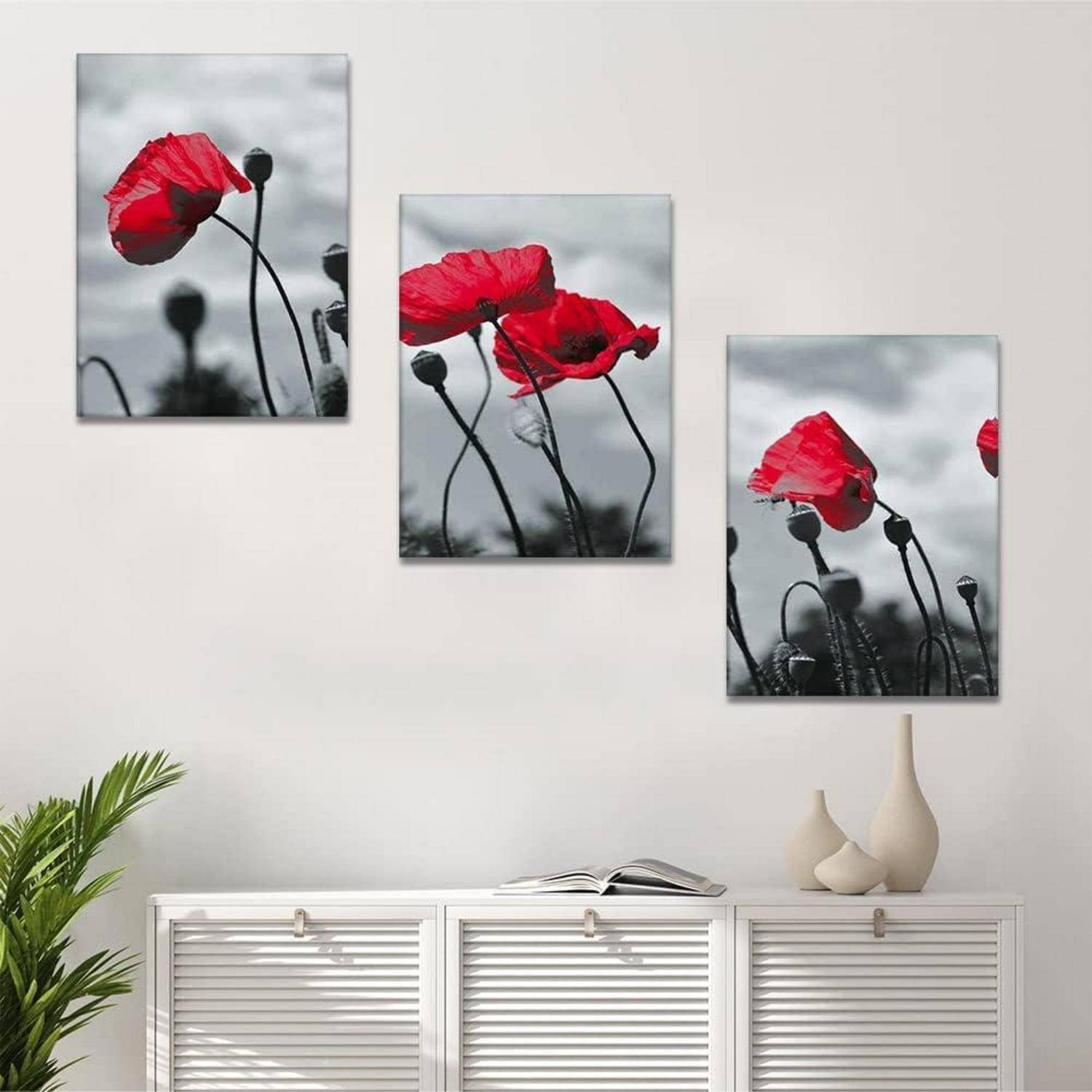 Leinwandbilder 3 Teilig Kunstdruck Motiv Wandbild Rote Blume 30x40cm