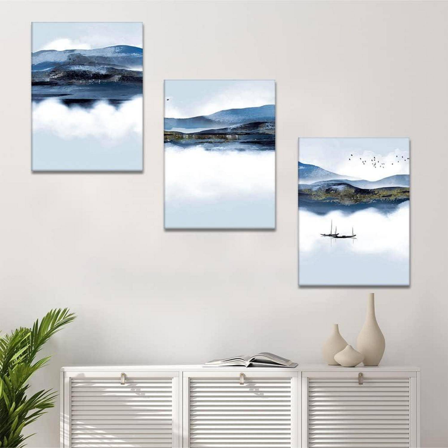 Leinwandbilder 3 Teilig Kunstdruck Wohnzimmer See und Boot 30x40cm