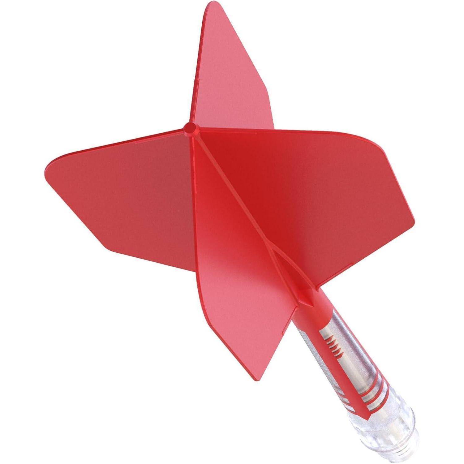 Ein roter Pfeil mit vier Flossen und einem durchsichtigen Schaft, von hinten betrachtet, mit Hervorhebung seines aerodynamischen Designs für Wurfspiele.