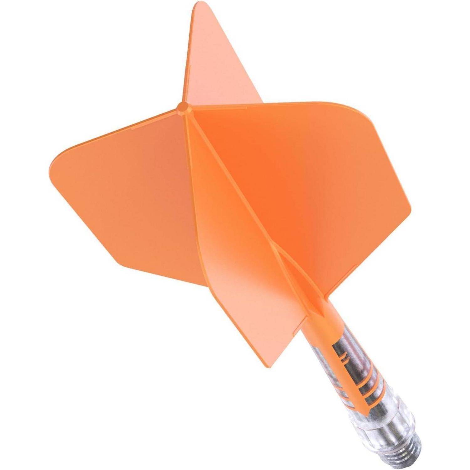 Oranger Pfeil mit metallischer Spitze, der Kunststoffflossen zur Stabilität im Flug zeigt.