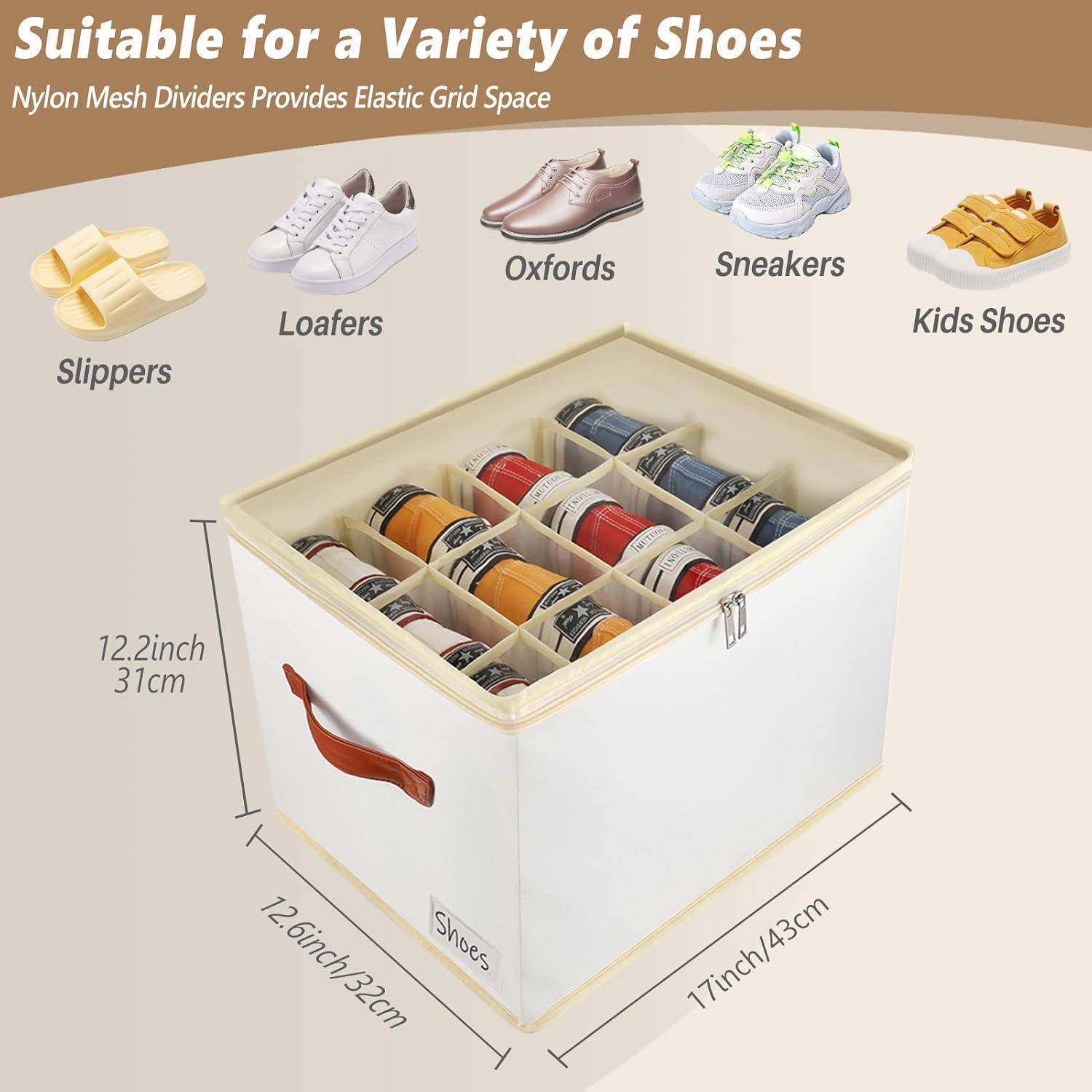 Eine Aufbewahrungsbox, die für die Organisation von Schuhen entwickelt wurde, präsentiert verschiedene Arten, darunter Hausschuhe, Loafer, Oxford-Schuhe, Turnschuhe und Kinderschuhe.