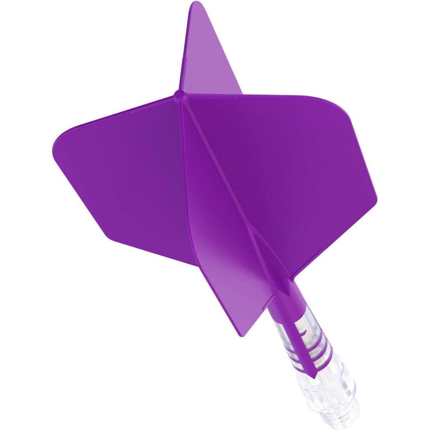 Ein violetter Pfeil mit einer durchsichtigen Kunststoffschaft, ausgestattet mit violetten Flügeln, von der Seite betrachtet.