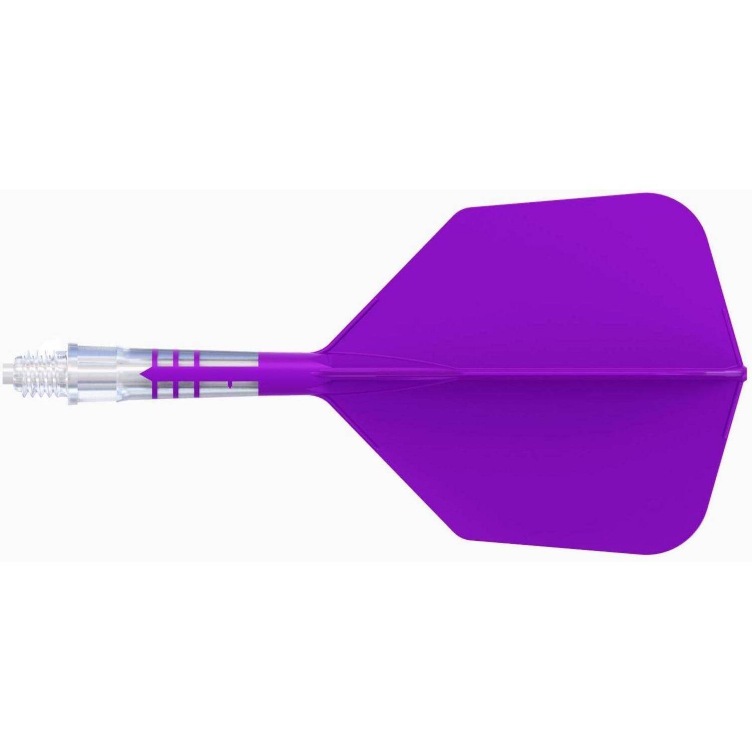 Ein violetter Dartpfeil-Flügel mit glatter Oberfläche, der an einem transparenten Dartschaft befestigt ist und dazu dient, den Pfeil während des Fluges zu stabilisieren und zu lenken.