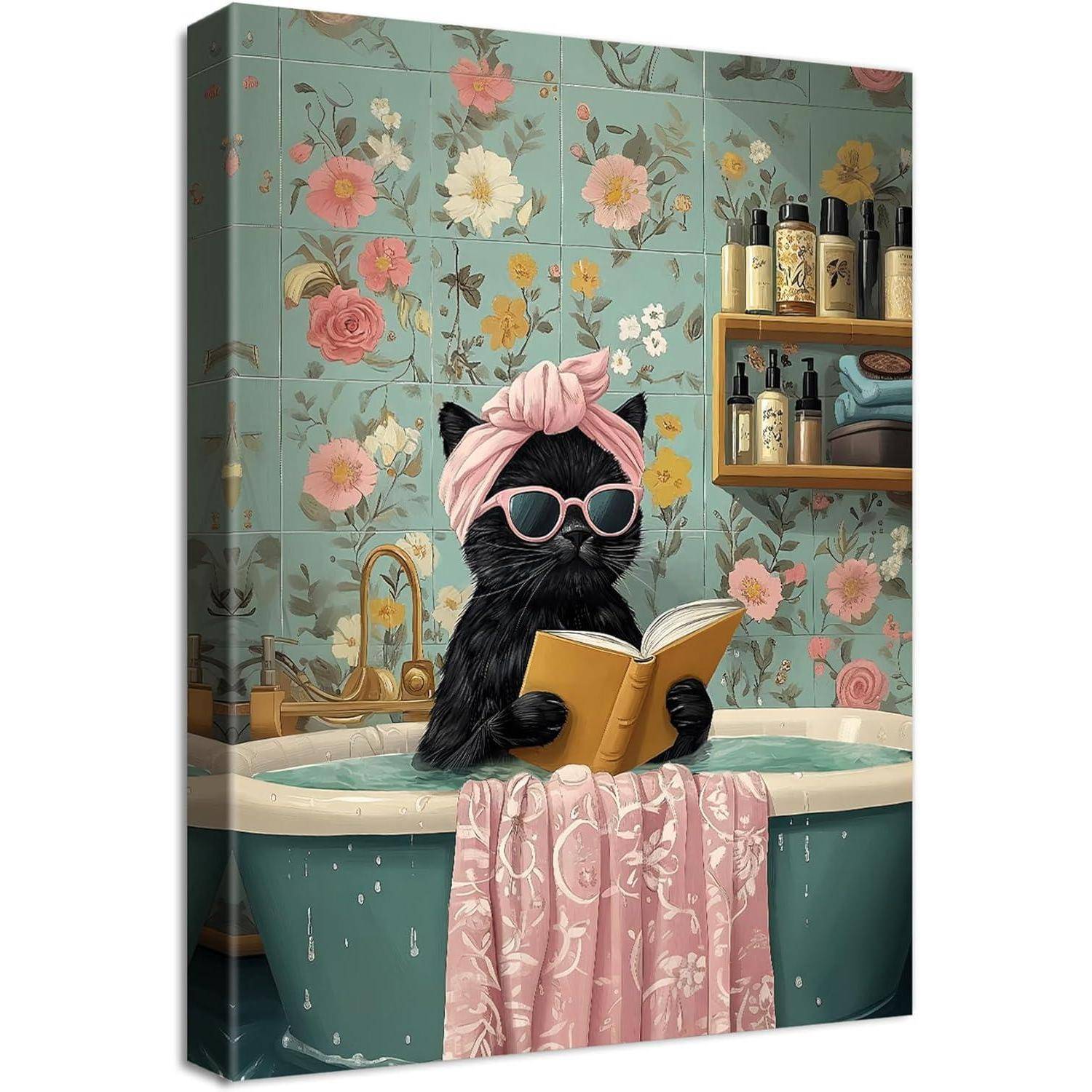 Leinwandbild Rahmen 40L x 60B cm Niedliche Schwarze Katze beim Baden