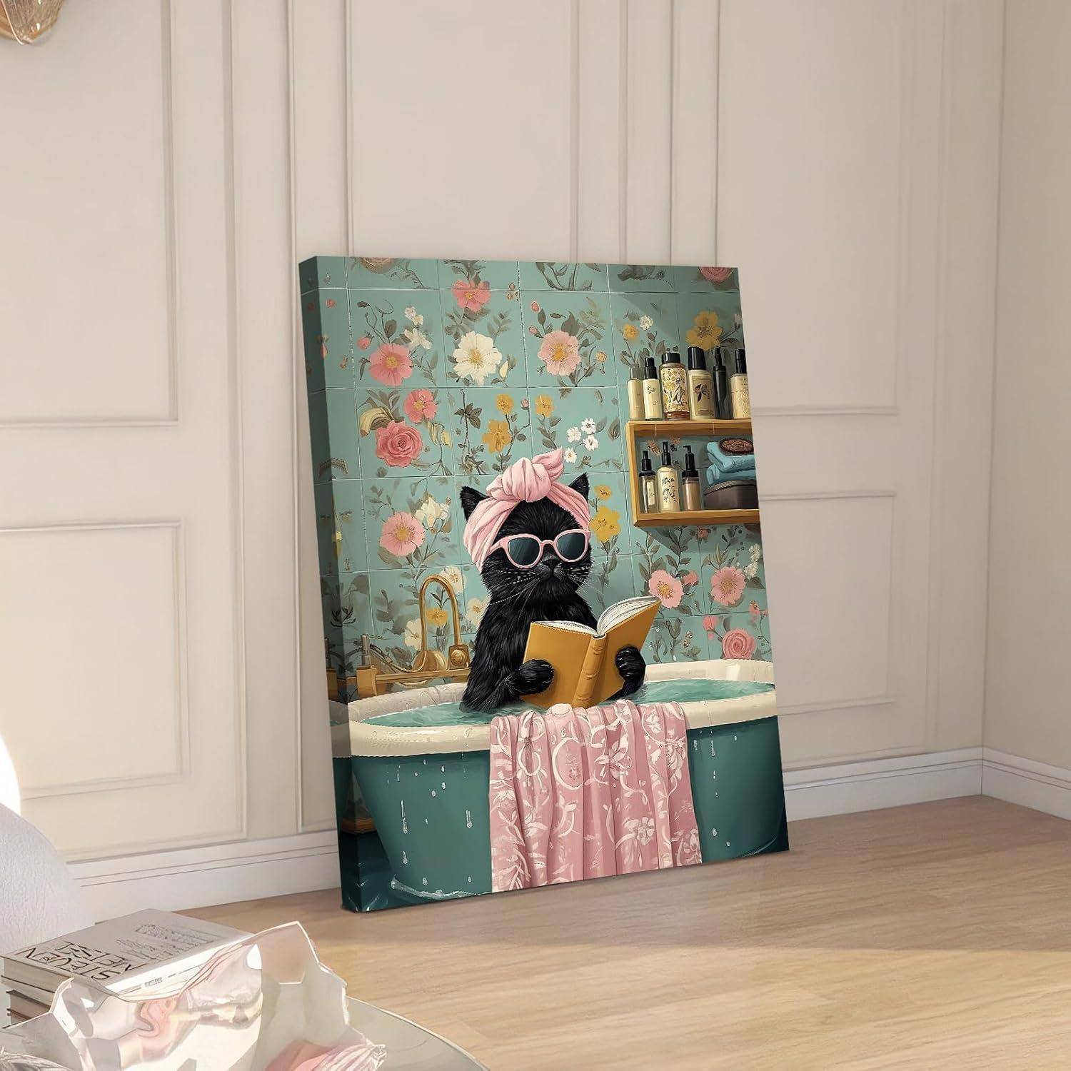 Leinwandbild schwarze 30L x 40B cm Niedliche Schwarze Katze beim Baden