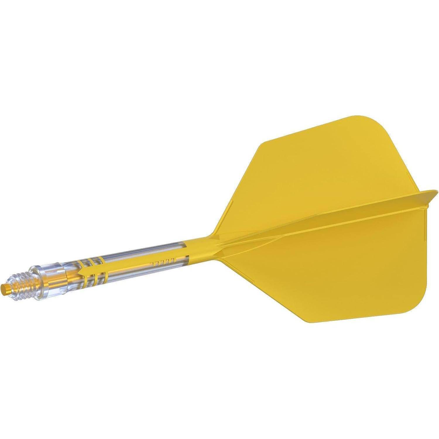 Ein gelber Pfeil mit metallenem Schaft und durchsichtiger Spitze, der für präzises Zielen verwendet wird, typischerweise beim Dartsport.
