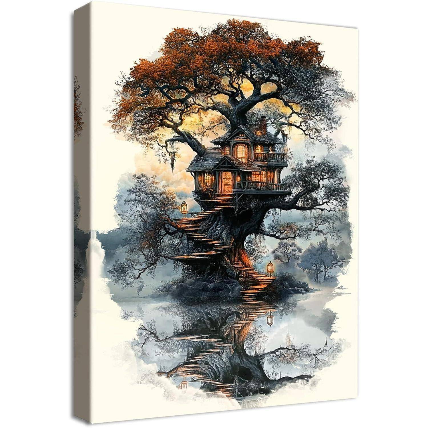 Leinwandbild Mystischer Wald 40L x 60B cm Mystischer Wald Baumhaus