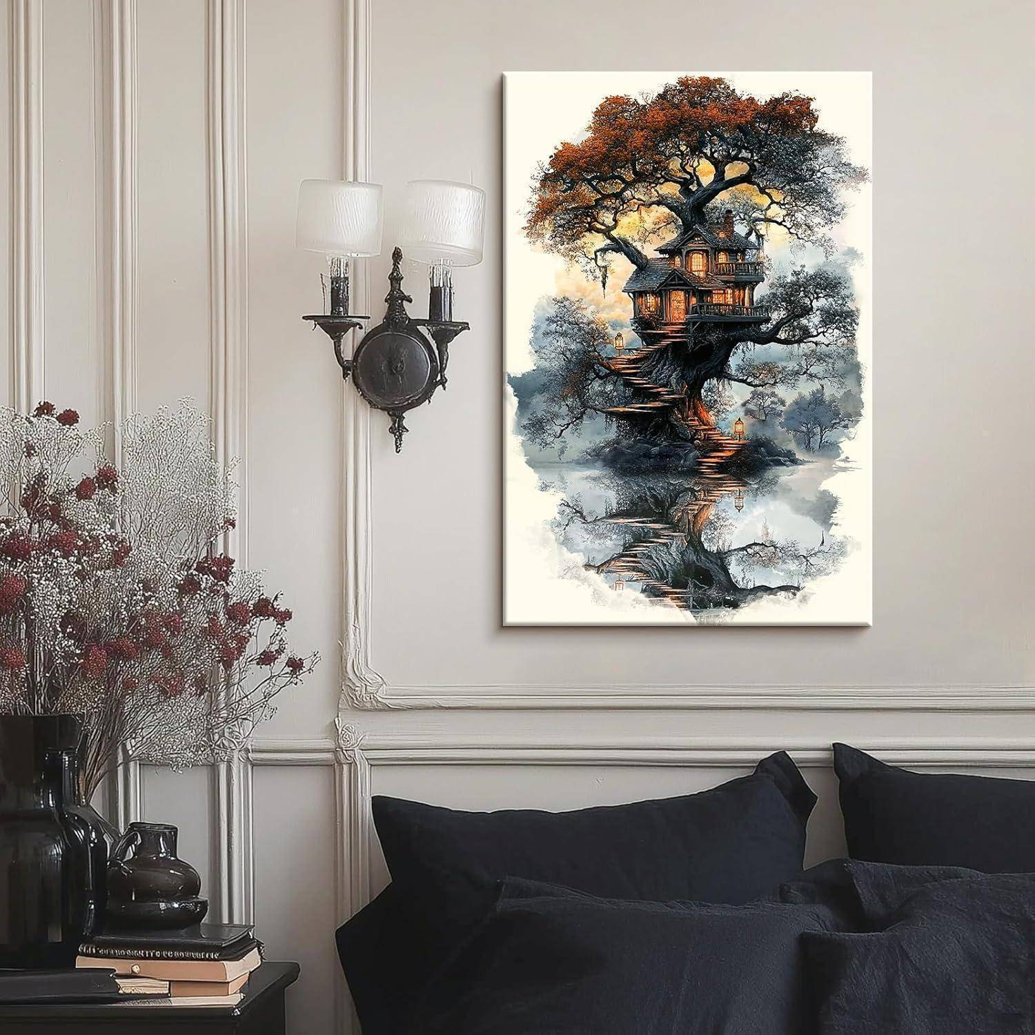 Leinwandbild Mystischer Wald 40L x 60B cm Mystischer Wald Baumhaus
