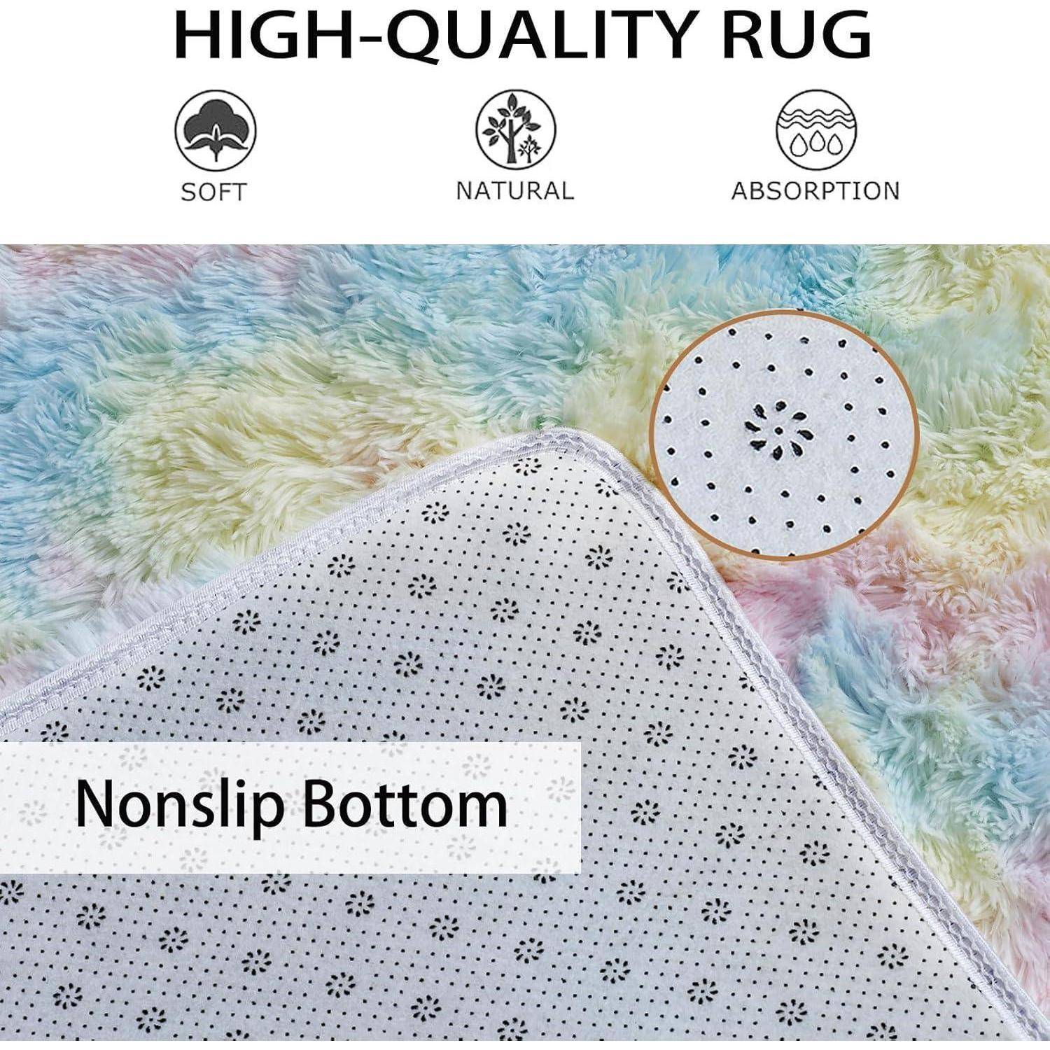 Ein hochwertiger Teppich mit weichen, natürlichen und absorbierenden Eigenschaften. Zeigt rutschfeste Unterseite über einer farbenfrohen, weichen Oberfläche.