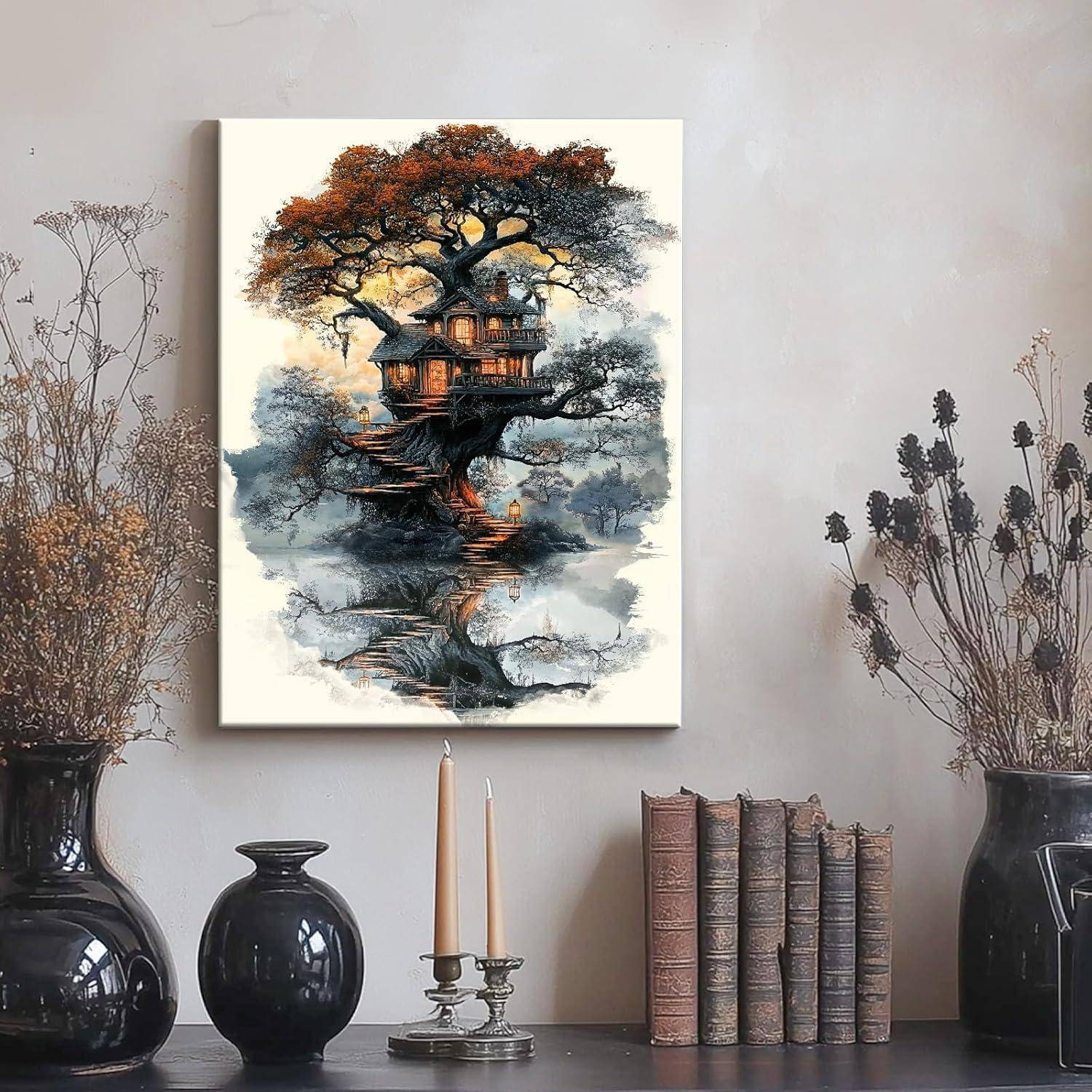 Leinwandbild Baumhaus Mystischer 30L x 40B cm Mystischer Wald Baumhaus
