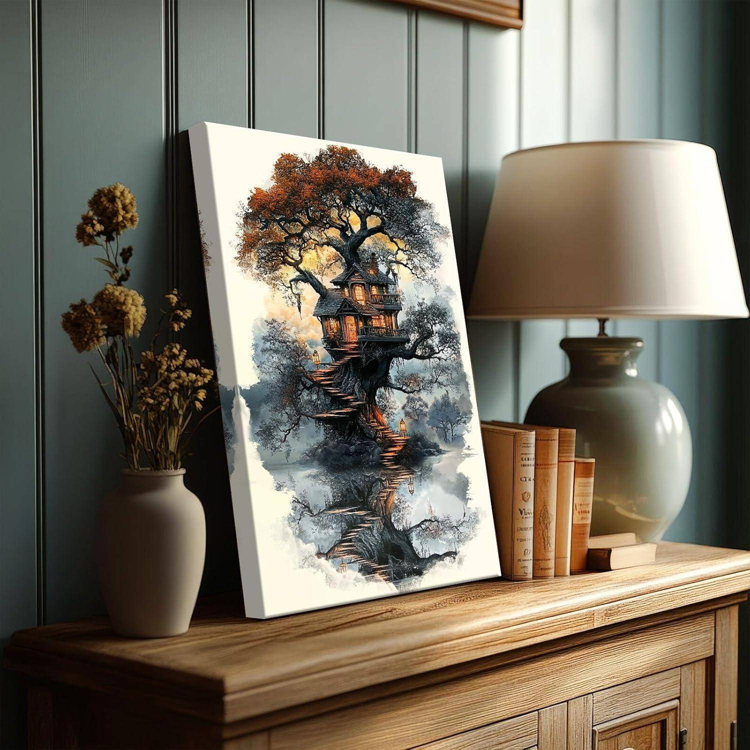 Leinwandbild Baumhaus Mystischer 30L x 40B cm Mystischer Wald Baumhaus
