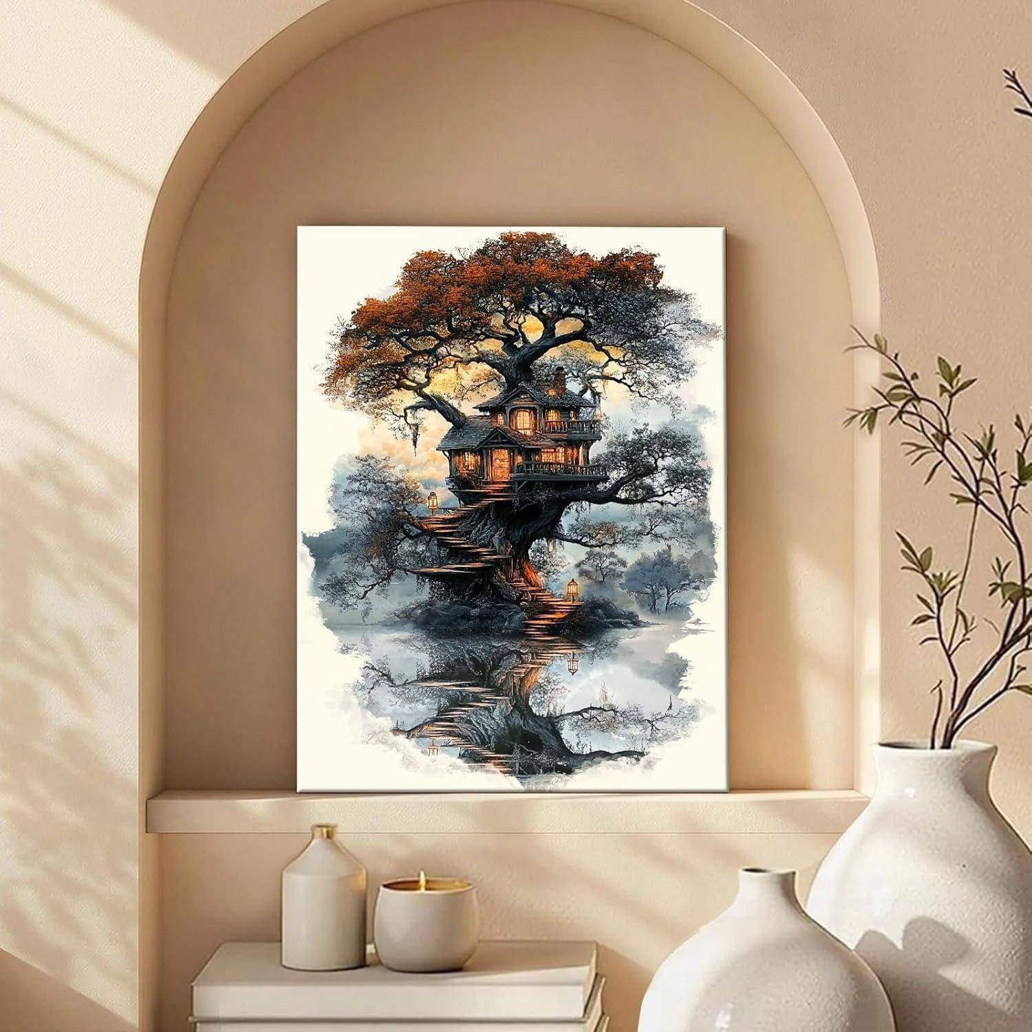 Leinwandbild Baumhaus Mystischer 30L x 40B cm Mystischer Wald Baumhaus