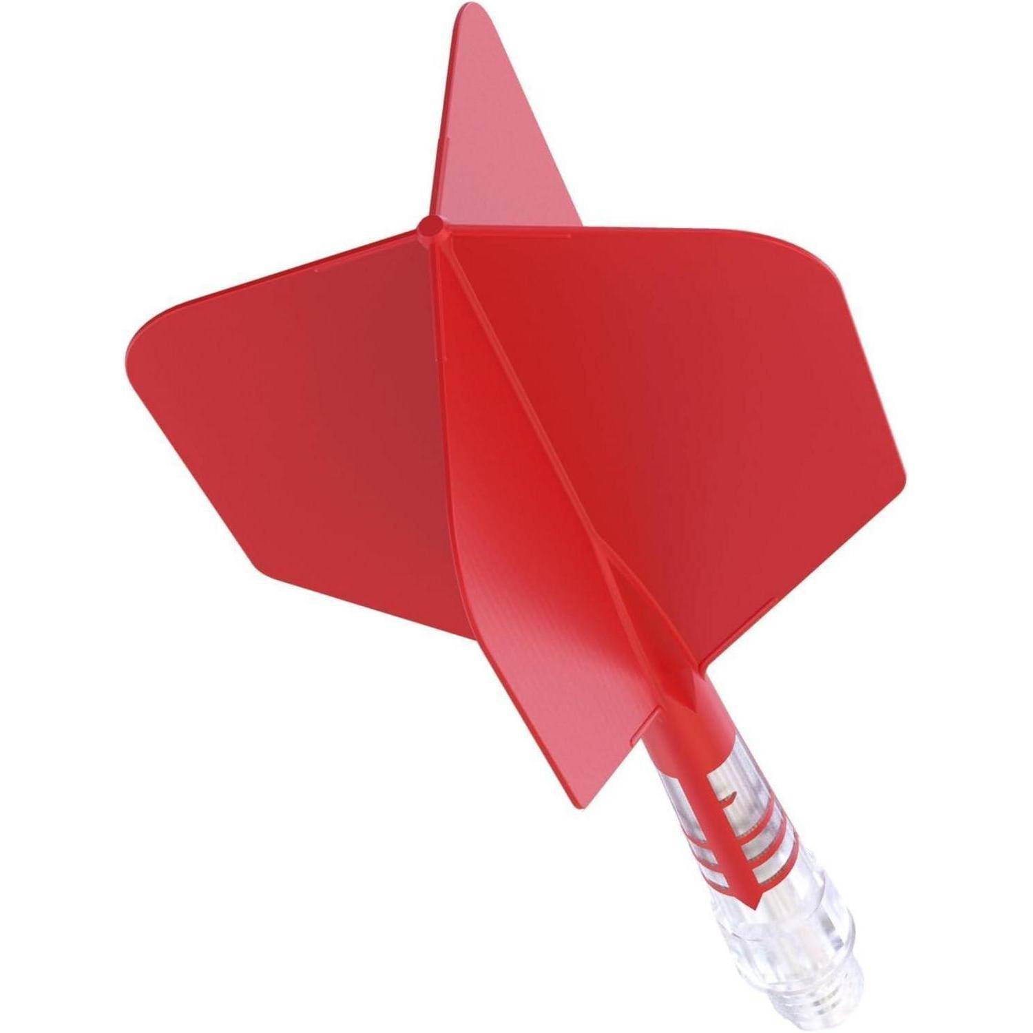 Eine Nahaufnahme eines roten Dartflügels, der an einem transparenten Dartschaft befestigt ist und die Form und leuchtend rote Farbe des Flügels hervorhebt.