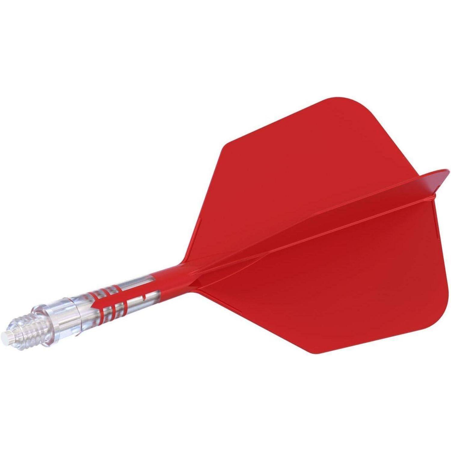 Ein roter Pfeil mit einer Kunststoffschaft und einer metallischen Spitze, schräg positioniert, um seine Flügel zu zeigen, zum Dartspielen verwendet.