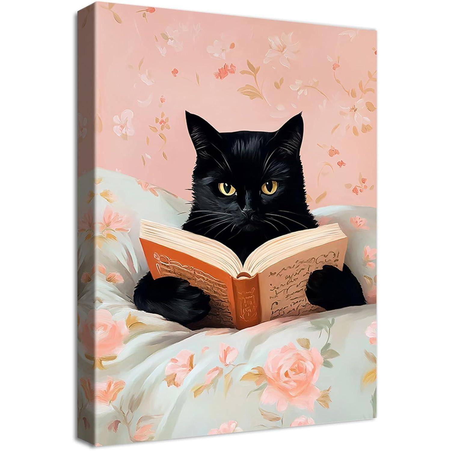 Leinwandbild 40L x 60B cm Lustige schwarze Katze liest Bücher