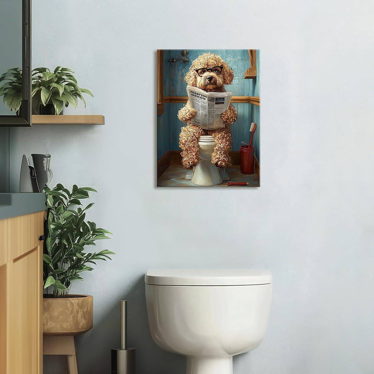 Leinwandbild Badezimmer 30L x 40B cm Pudel auf Toilette Liest Zeitung