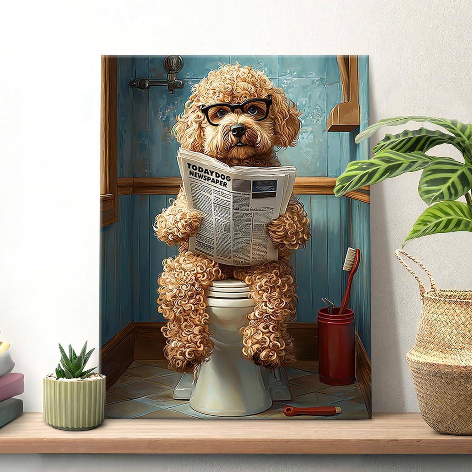 Leinwandbild Badezimmer 30L x 40B cm Pudel auf Toilette Liest Zeitung