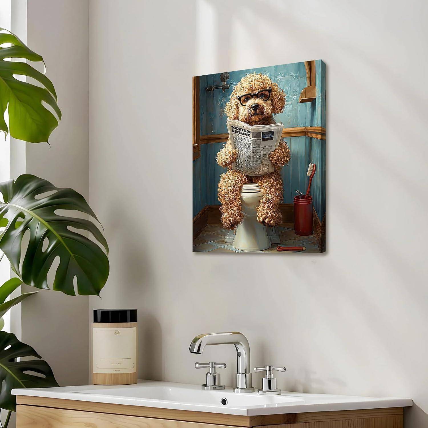 Leinwandbild Badezimmer 30L x 40B cm Pudel auf Toilette Liest Zeitung
