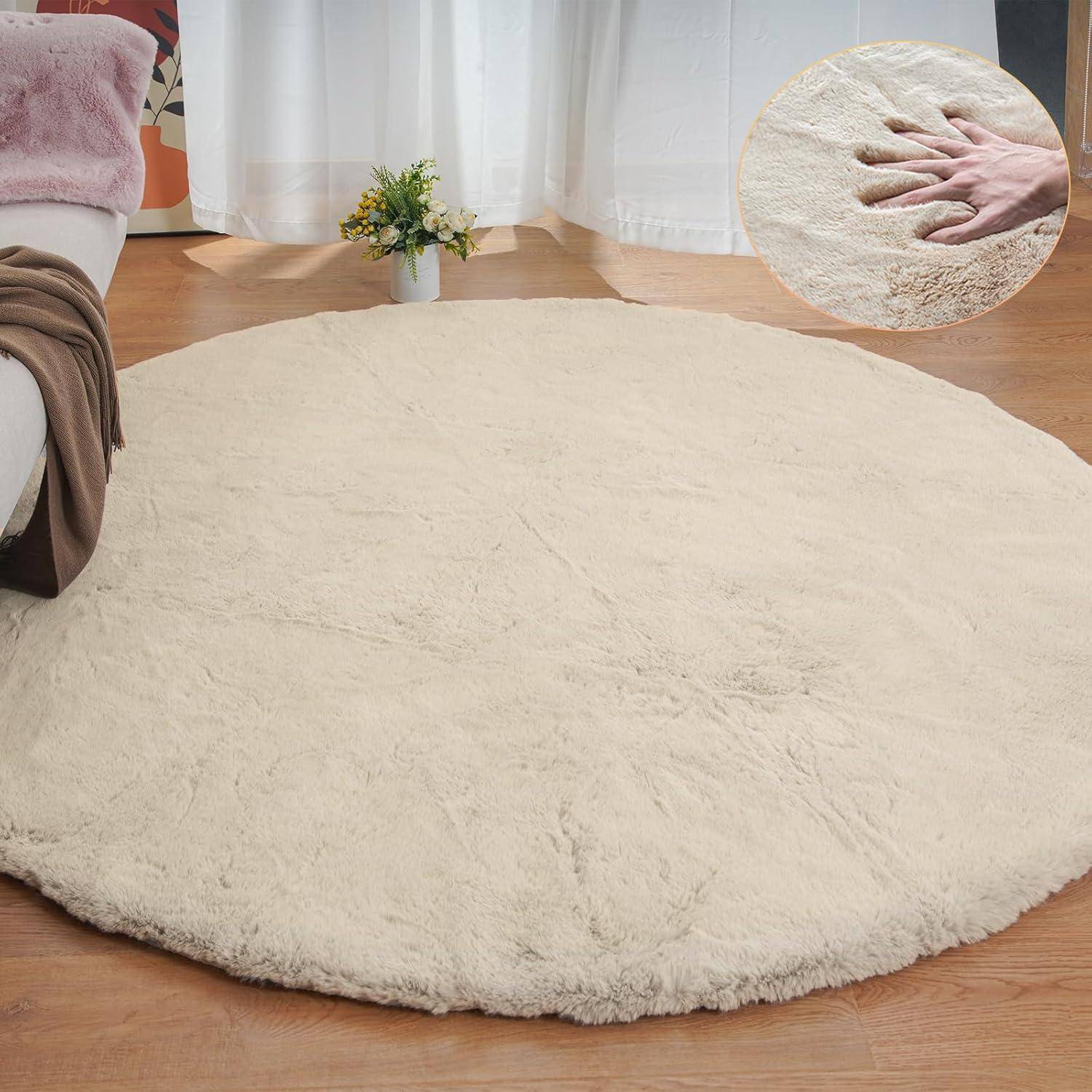 Teppich Fellteppich Kunstfell waschbar Wohnzimmer 180 cm (Rund) Beige