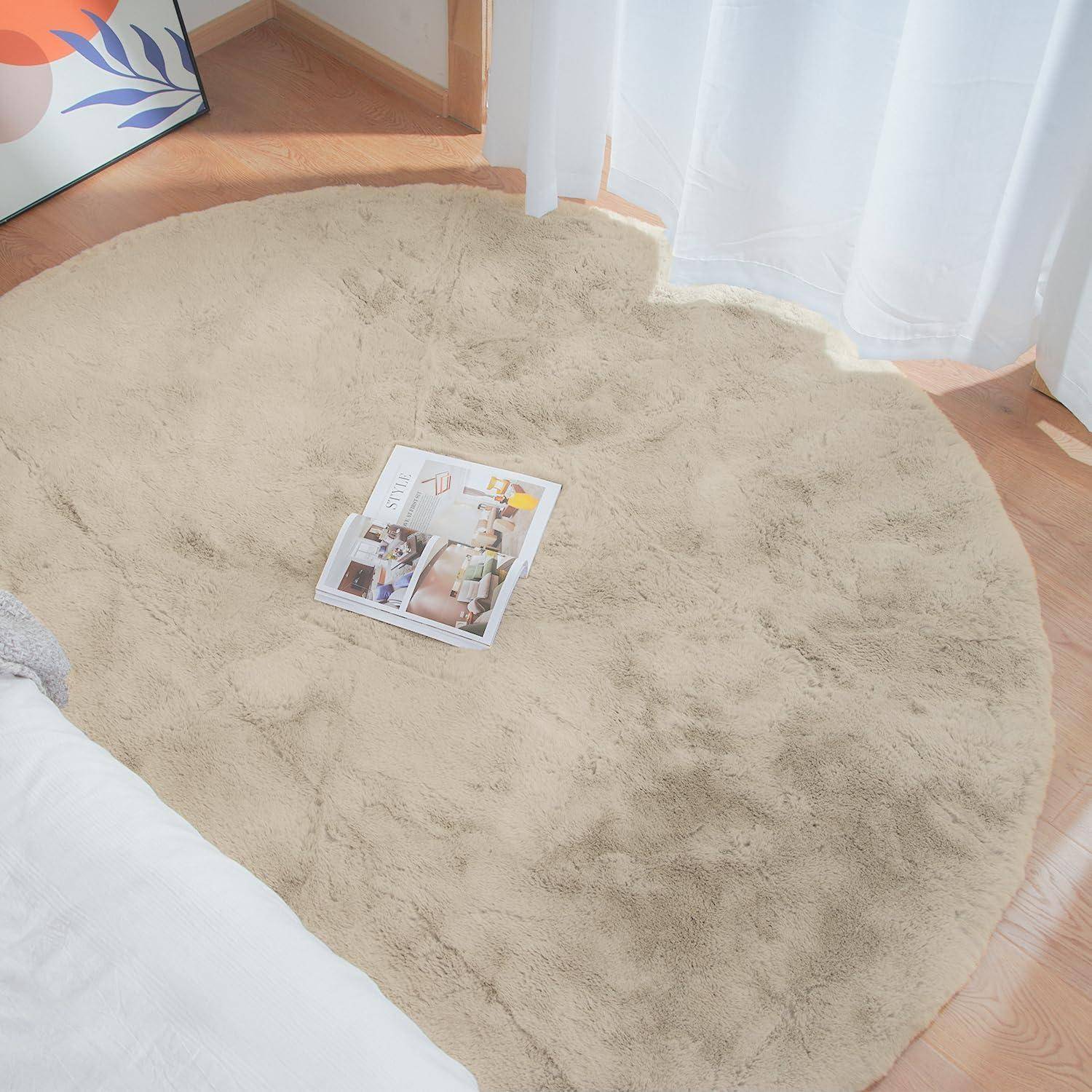 Teppich Fellteppich Kunstfell Wohnzimmer 150 cm (Rund) Beige