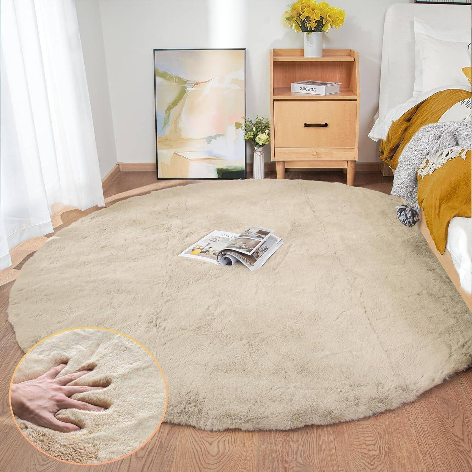 Teppich Fellteppich Kunstfell waschbar Wohnzimmer 180 cm (Rund) Beige