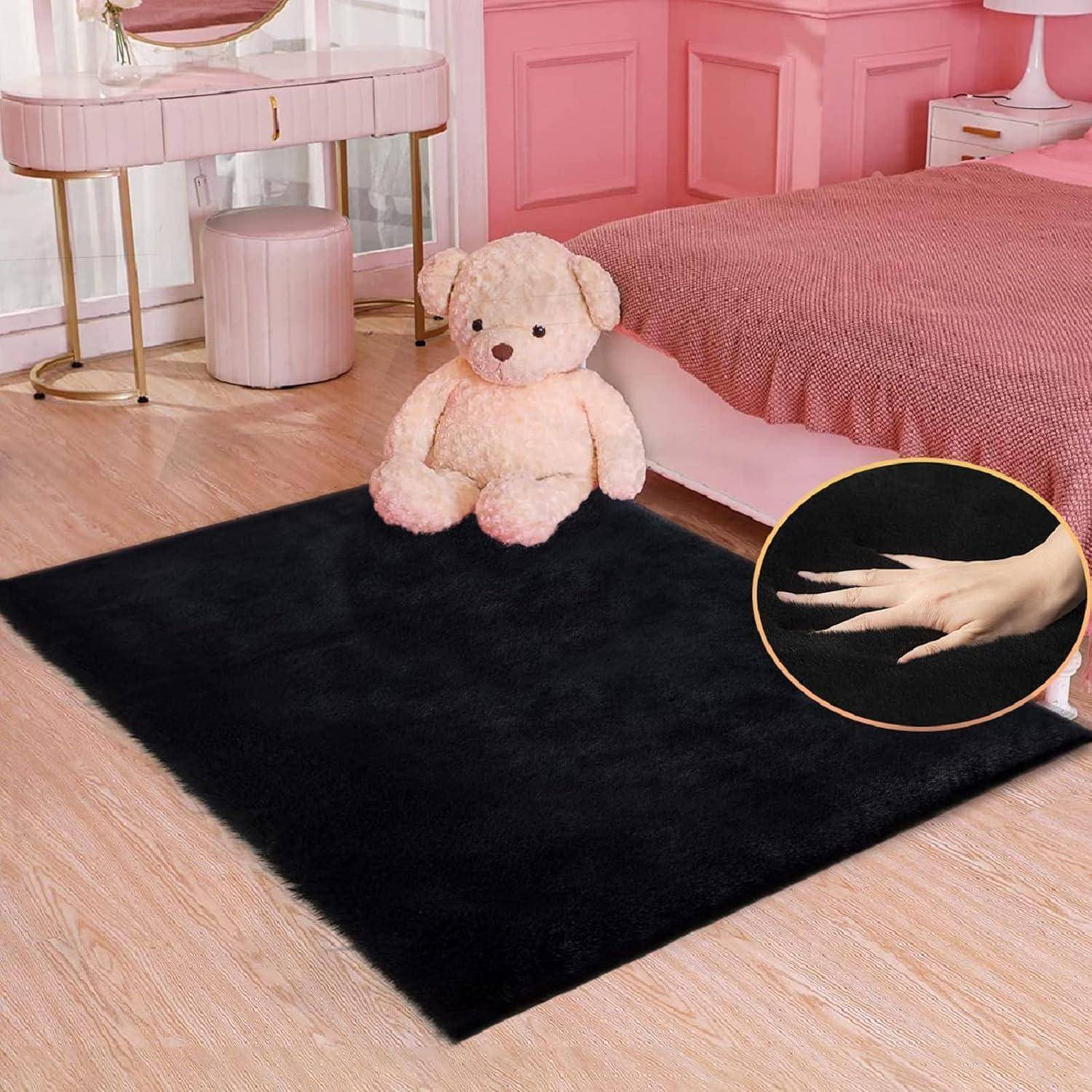 Teppich Waschbar Fellteppich 90 x 150 cm (Rechteckig) Schwarz