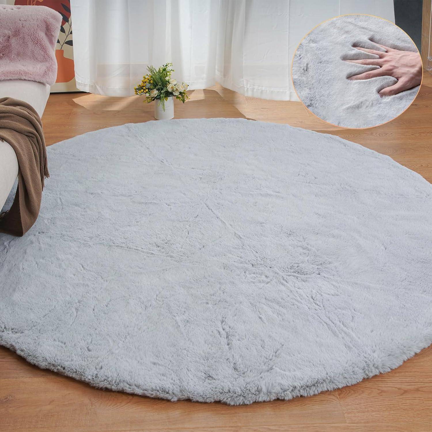 Teppich Rund Kunstfell Waschbar Wohnzimmer 240 cm (Rund) Grau