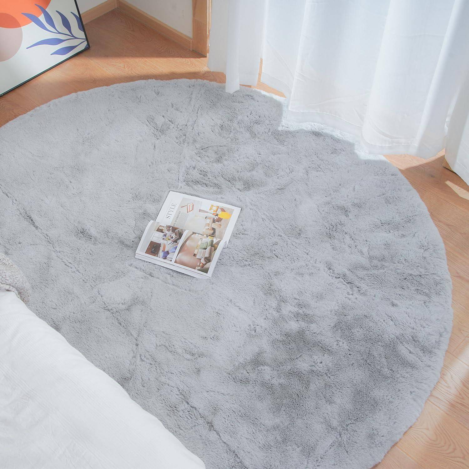 Teppich Rund Kunstfell Waschbar Wohnzimmer 240 cm (Rund) Grau